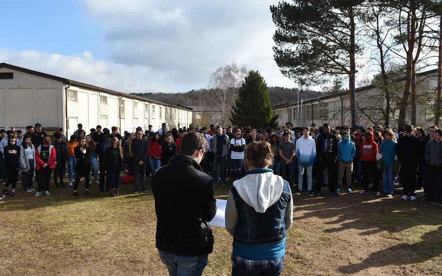 Kaiserslautern High School seniors Madeline MacMillan and Zaccary O’Neil led a walkout at their school in Germany in remembrance of the Parkland, Fla., and other school shooting victims on Wednesday, March 14, 2018.

