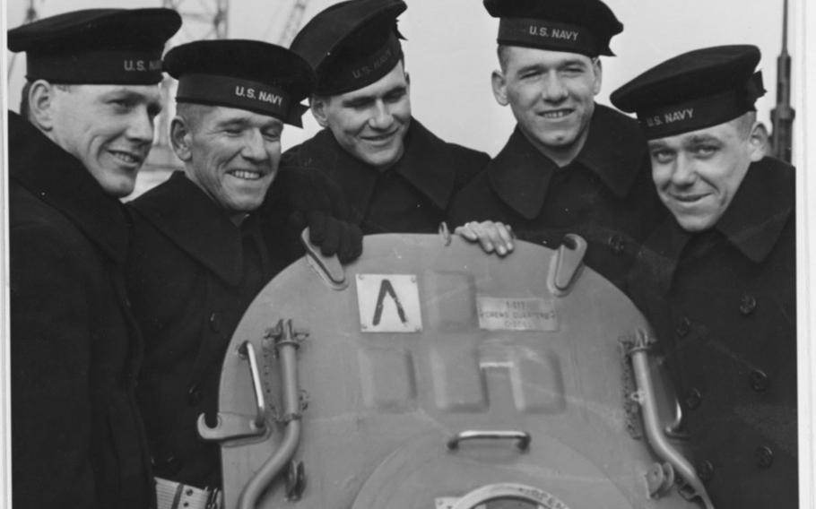 The Sullivan brothers pose aboard the USS Juneau during its commissioning ceremony in New York, Feb. 14, 1942. The brothers are, from left to right, Joseph, Francis, Albert, Madison and George.