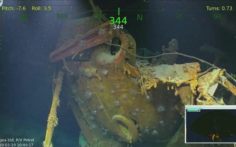 This Monday, March 19, 2018, underwater video image courtesy of Paul Allen shows wreckage from the USS Juneau, a U.S. Navy ship sunk by the Japanese torpedoes 76 years ago, found in the South Pacific. 