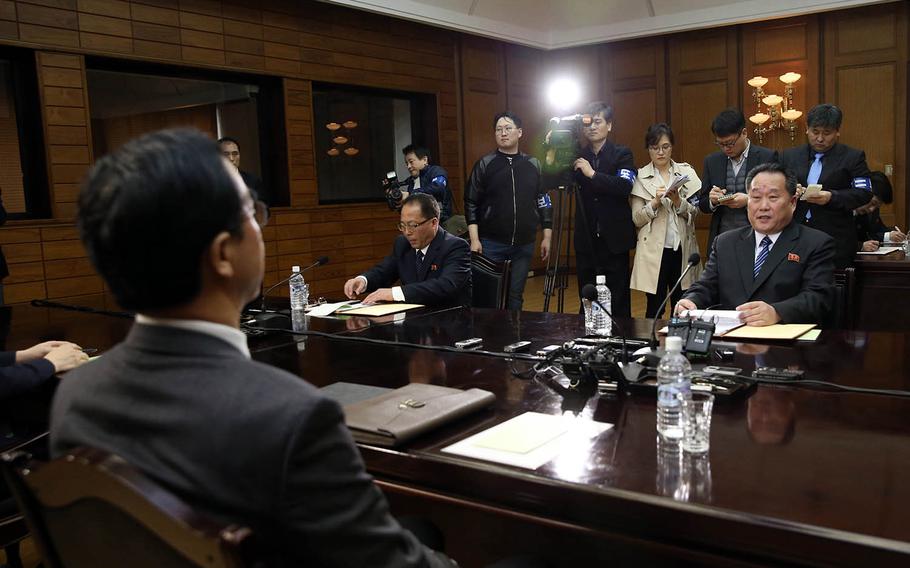 Senior North and South Korean officials hold high-level talks on the North Korean side of the truce village of Panmunjom in the tense border area, Thursday, March 29, 2018.

