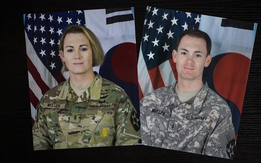 A command photo of Chief Warrant Officer 3 Lindsey Muller from last year is displayed next to a photo of her from 2011. 