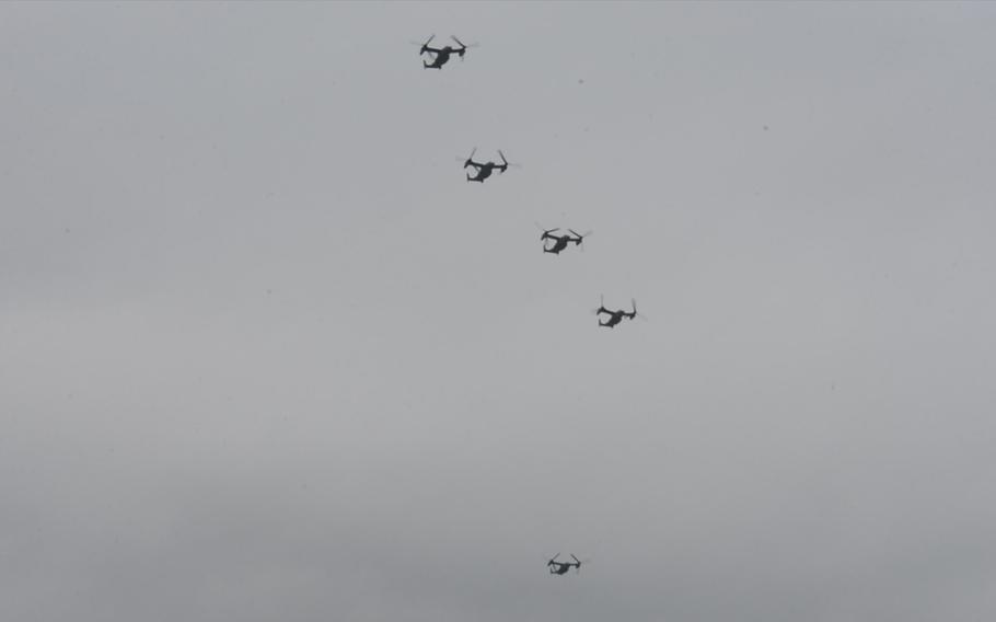 A special operation squadron comprised of CV-22 Osprey helicopters arrive at Yokota Air Base in western Tokyo on April 5, 2018.