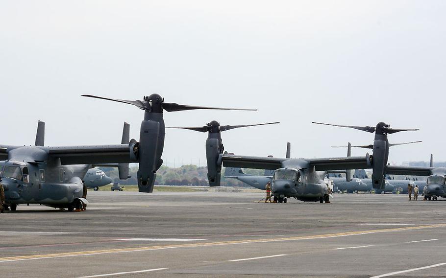 Five CV-22 Ospreys from a special operations squadron landed at Yokota Air Base, Japan, Thursday, April 5, 2018 — two years earlier than expected.