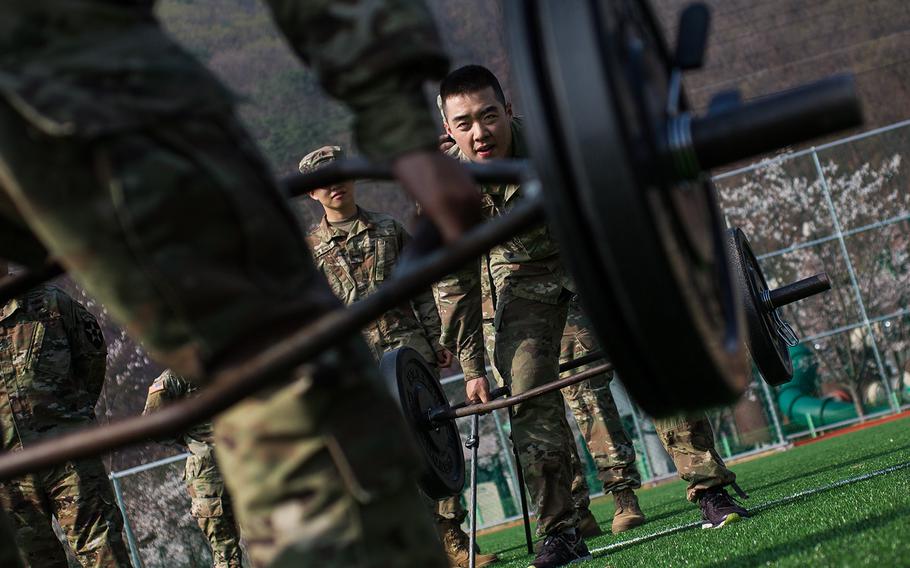 A pair of competitors face off during the 2nd Infantry Division's Best Warrior competition at Camp Casey, South Korea, Wednesday, April 11, 2018. 