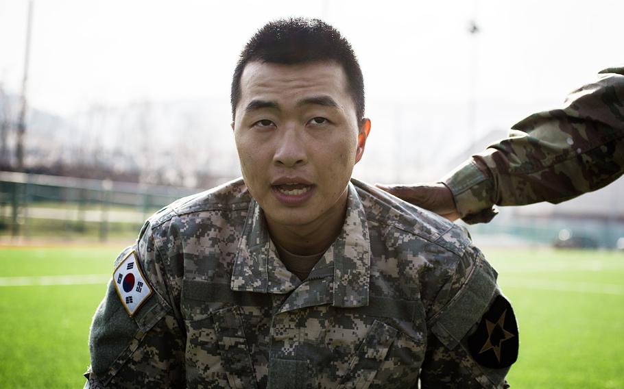 A soldier takes a breather during the 2nd Infantry Division's Best Warrior competition at Camp Casey, South Korea, Wednesday, April 11, 2018. 