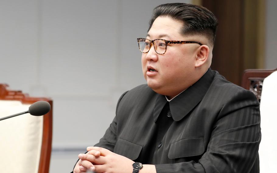 North Korean leader Kim Jong Un speaks during a meeting at the Inter-Korean Summit on Friday, April 27, 2018.