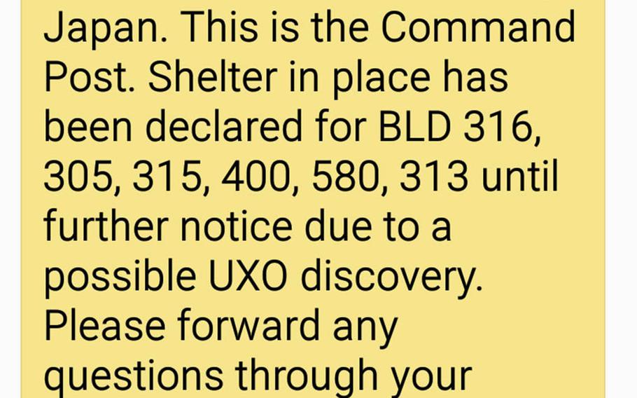 Personnel were asked to shelter in place after possible unexploded ordnance was found at Yokota Air Base, Japan, Wednesday, May 16, 2018.