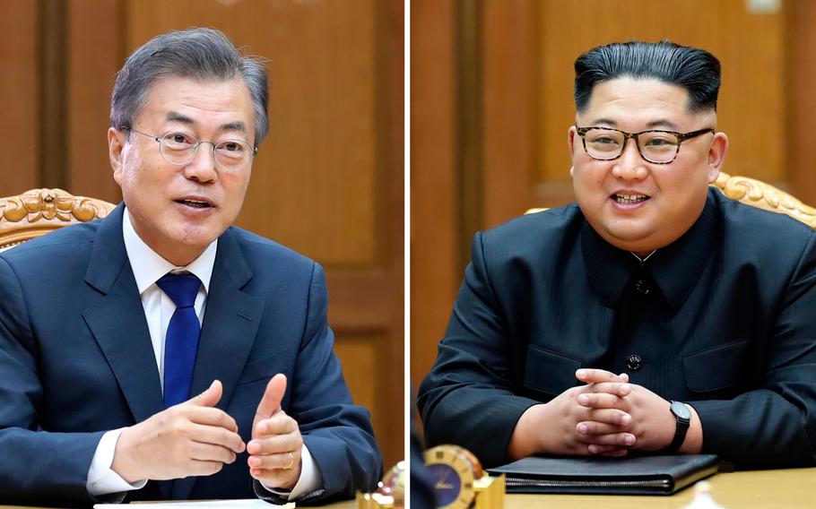This combination of the May 26, 2018 provided May 27, 2018, by South Korea Presidential Blue House via Yonhap News Agency, shows South Korean President Moon Jae-in, left, and North Korean leader Kim Jong Un, right, during their meeting at the northern side of the Panmunjom in North Korea.