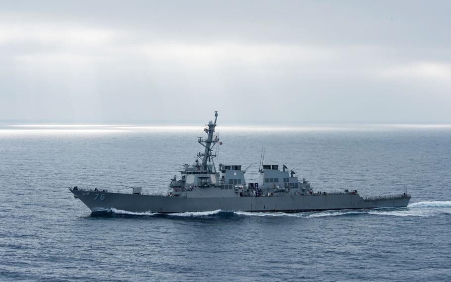 The guided-missile destroyer USS Higgins (DDG 76) transits the Pacific Ocean last year during a strait transit show of force exercise.