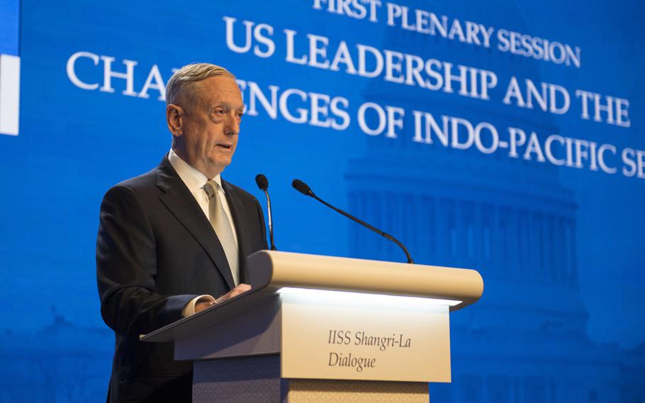 Defense Secretary Jim Mattis delivers remarks during the opening session of the Shangri-La Dialogue in Singapore on June 2, 2018.