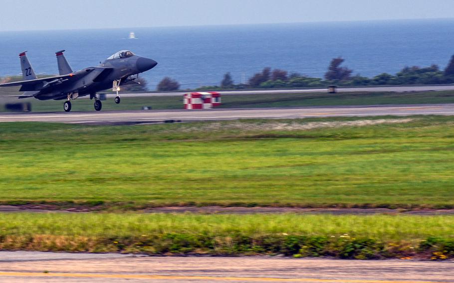 An F-15C Eagle takes off on the runway April 25, 2017, at Kadena Air Base, Japan. 