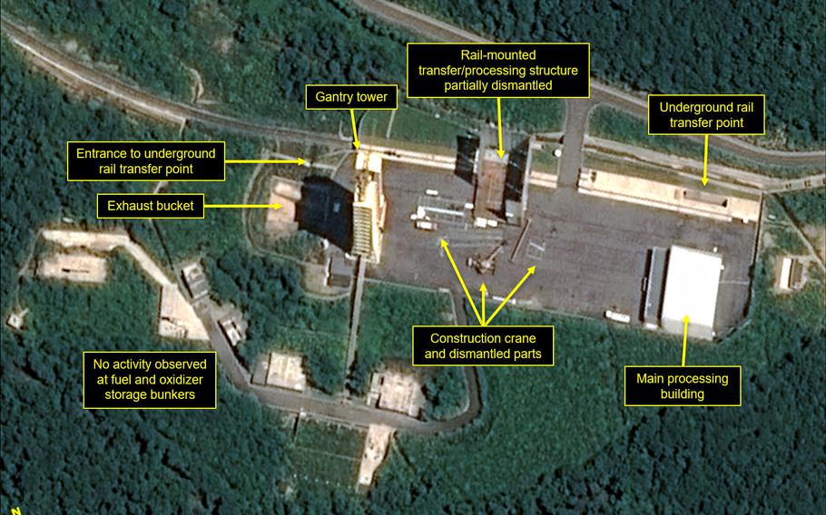Satellite images show key facilities, including the rocket engine test stand, being razed at the Sohae Satellite Launching Station, according to 38 North. North Korea has taken “an important first step” toward fulfilling a promise made during its summit with the United States by starting to dismantle the key missile testing site, a monitoring website said Monday. 