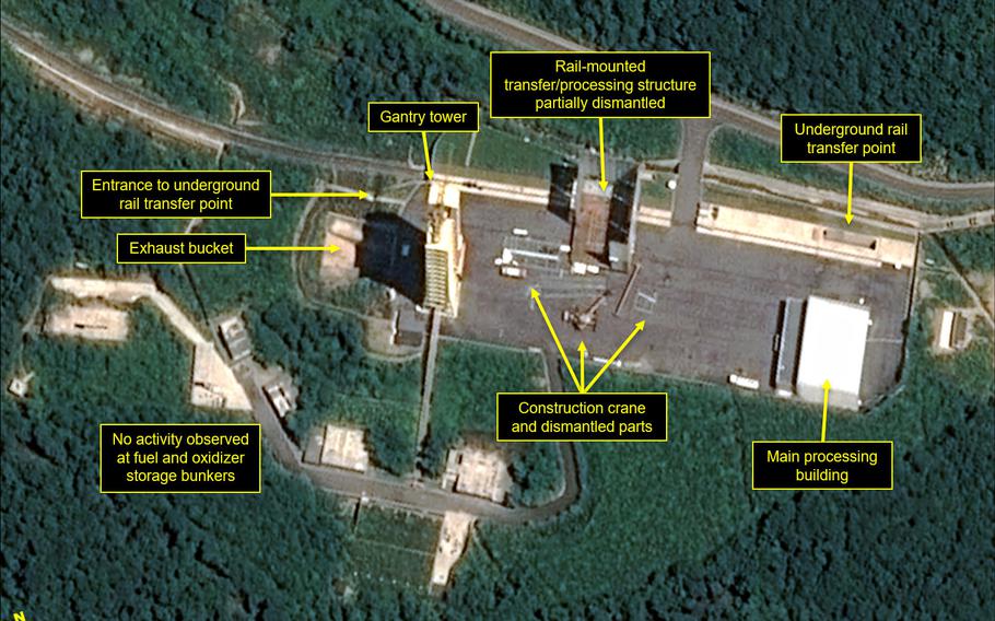 Satellite images show key facilities, including the rocket engine test stand, being razed at the Sohae Satellite Launching Station, according to 38 North. North Korea has taken “an important first step” toward fulfilling a promise made during its summit with the United States by starting to dismantle the key missile testing site, a monitoring website said Monday.