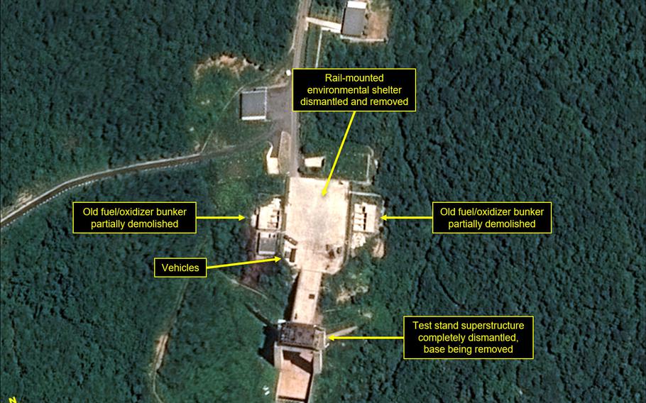 Satellite images show key facilities, including the rocket engine test stand, being razed at the Sohae Satellite Launching Station, according to 38 North.