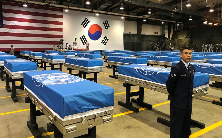 Remains recently handed over by North Korea are seen before a ceremony at Osan Air Base, South Korea, Wednesday, Aug. 1, 2018.