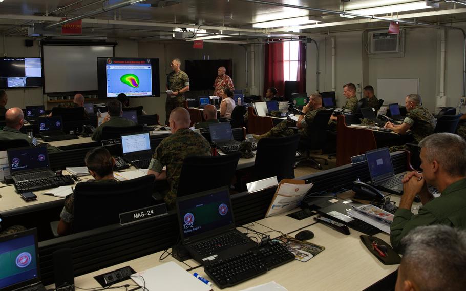 Leadership from across Marine Corps Base Hawaii gather aboard to discuss the security, safety, and well-being of the base and local community with the arrival of Hurricane Lane. Aug 22, 2018. 