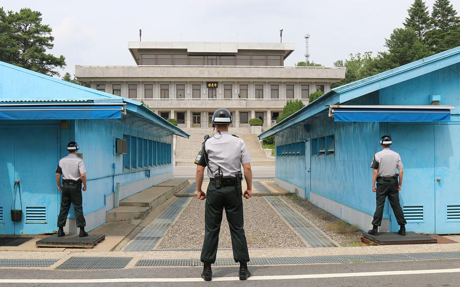 Republic of Korea Army soldiers stand in the Joint Security Area, where South and North Korean soldiers face each other across the Korean Demilitarized Zone in Panmunjom, South Korea on June 19, 2018.