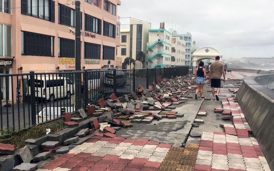 Sunabe Seawall near Kadena Air Base reflects the damage caused by Typhoon Trami on Sunday, Sept. 30, 2018.
