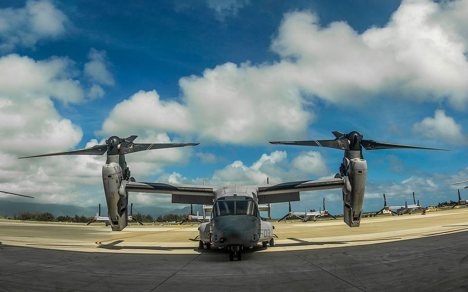 A MV-22B Osprey helicopter is on display during a dedication ceremony at Marine Corps Air Station Kaneohe Bay, Marine Corps Base Hawaii on Sept. 21, 2018. The ceremony celebrated the arrival of Marines with VMM 363 and everyone who assisted in the construction of the hangar.