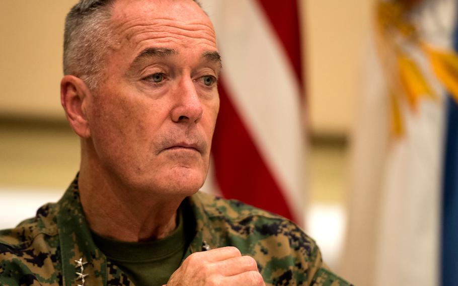 Marine Gen. Joseph Dunford, the chairman of the Joint Chiefs of Staff, speaks Tuesday with reporters at Joint Base Andrews in Maryland during a meeting of top uniformed leaders from 80 nations to discuss the threat of global terrorism.