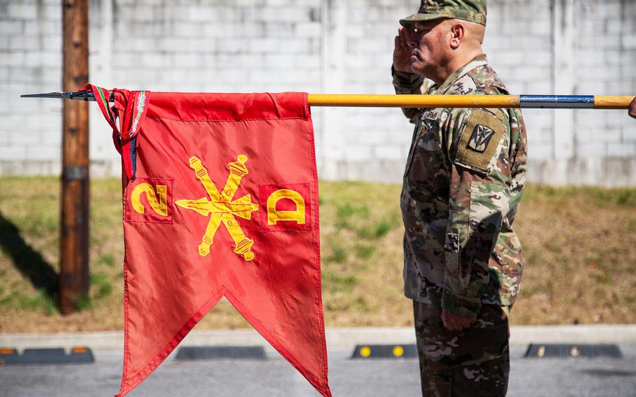 The Delta Battery, 2nd Air Defense Artillery Regiment guidon is seen during a ribbon-cutting ceremony at Camp Carroll, South Korea, Friday, Oct. 19, 2018.