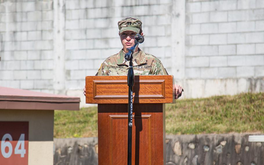 Capt. Kate Theilacker, commander of Delta Battery, 2nd Air Defense Artillery Regiment, speaks during a ribbon-cutting ceremony at Camp Carroll, South Korea, Friday, Oct. 19, 2018.