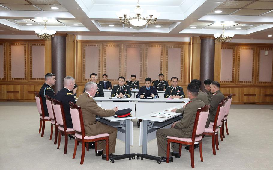 Military officials from South Korea, North Korea and the U.S.-led United Nations Command meet in the truce village of Panmunjom on Monday, Oct. 22, 2018.