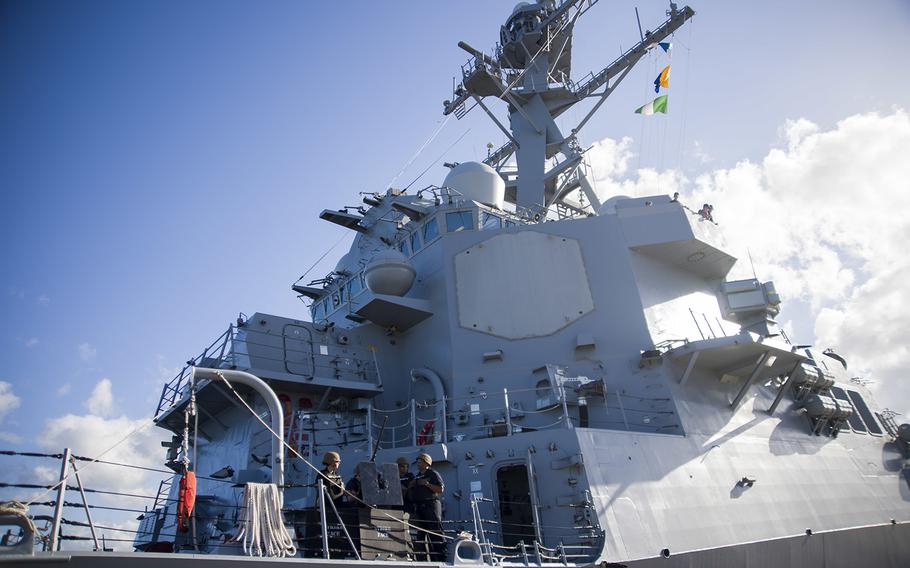 The  Arleigh Burke-class guided-missile destroyer USS John Finn (DDG 113) departs Joint Base Pearl Harbor-Hickam on July 18, 2017.