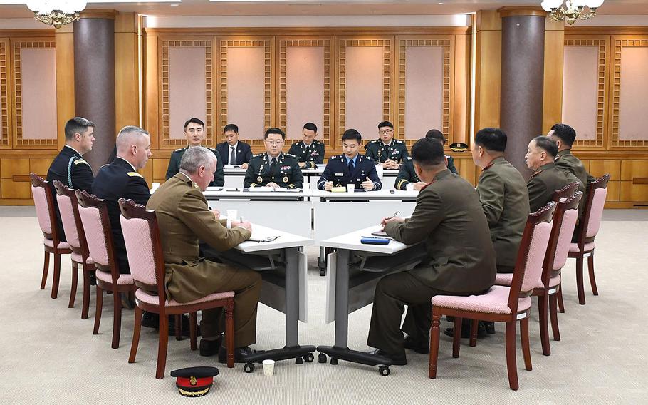Military officials from the two Koreas and the U.S.-led United Nations Command meet in the southern half of the truce village of Panmunjom on Tuesday, Nov. 6, 2018.