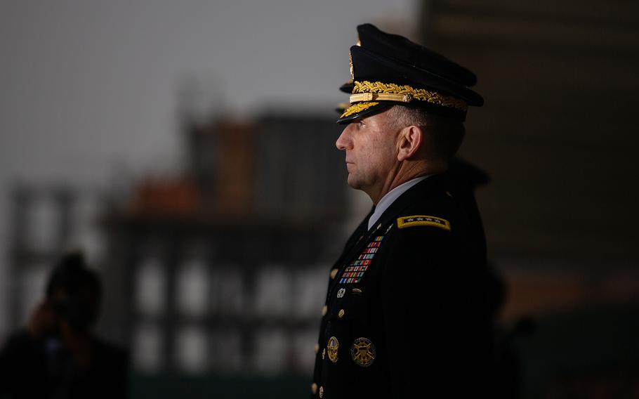 Gen. Robert Abrams, incoming commander of U.S. Forces Korea, takes part in a change-of-command ceremony at Camp Humphreys, South Korea, Thursday, Nov. 8, 2018.