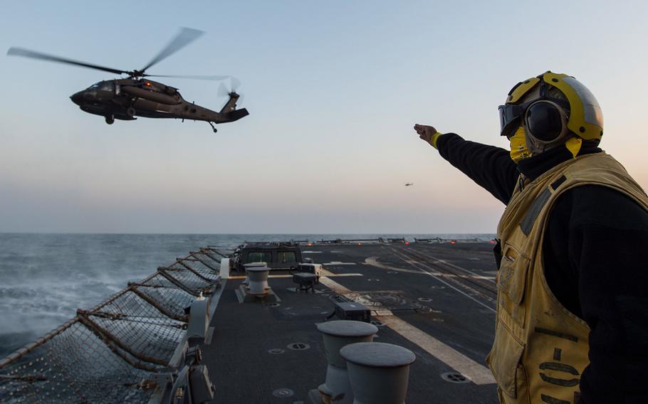 Petty Officer 2nd Class Laurence Cerezo conducts flight operations with a U.S. Army UH-60 Black Hawk helicopter as part of exercise Foal Eagle 2017. The U.S. and South Korea will scale back their annual Foal Eagle exercise, Defense Secretary Jim Mattis said on Wednesday, Nov. 21, 2018.