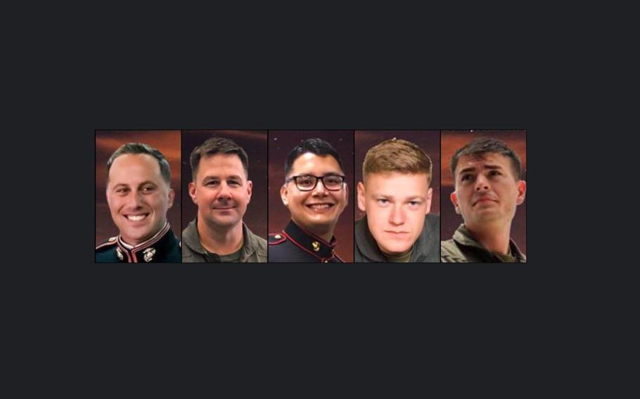 Maj. James Brophy, Lt. Col. Kevin Herrmann, Staff Sgt. Maximo Flores,  Cpl. Daniel Baker and Cpl. William Carter Ross were the five Marines who were declared dead after their KC-130J Hercules collided with an F/A-18 Hornet on Dec. 6, 2018.