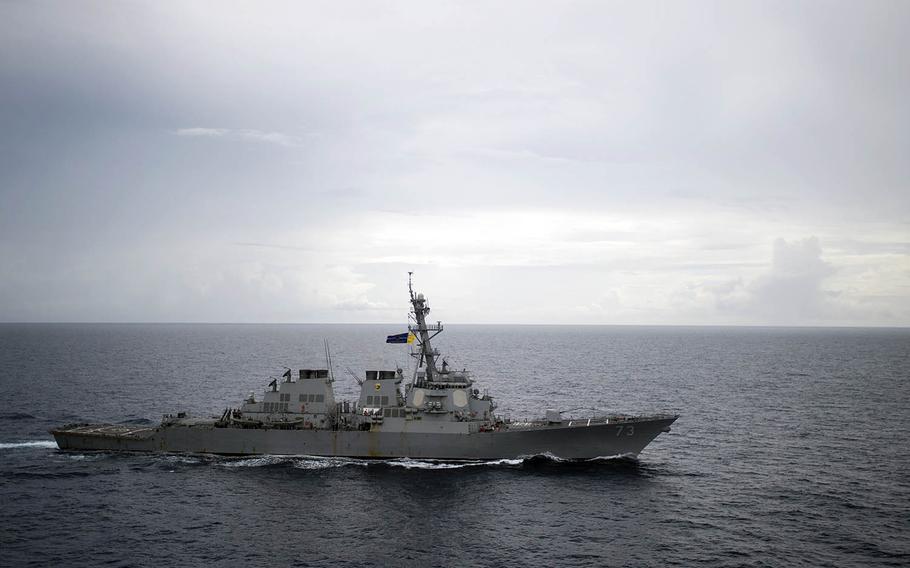 The guided-missile destroyer USS Decatur patrols the South China Sea in October 2018.
