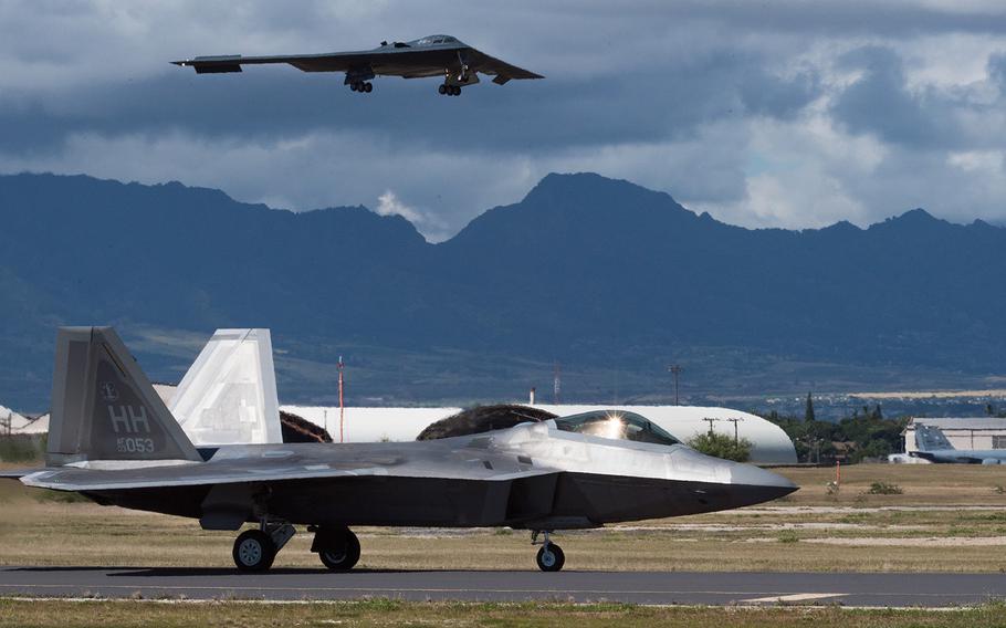 A B-2 Spirit bomber deployed from Whiteman Air Force Base, Mo, lands at Joint Base Pearl Harbor-Hickam, Hawaii, Jan. 10, 2019.
