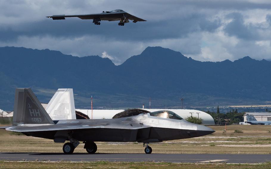 A B-2 Spirit bomber deployed from Whiteman Air Force Base, Mo, lands at Joint Base Pearl Harbor-Hickam, Hawaii, Jan. 10, 2019. 