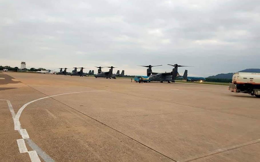 A photo shared to Twitter shows four U.S. Air Force CV-22 Ospreys at Danang International Airport, Vietnam, on Feb. 5, 2019. It's the first time Ospreys have stopped in Vietnam.