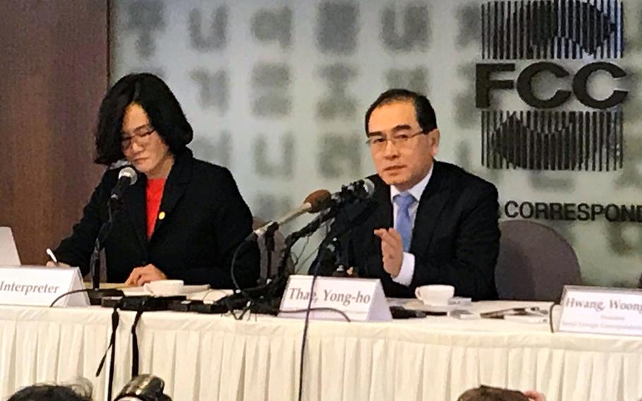 Thae Yong Ho, a former North Korean diplomat who defected to South Korea, speaks to reporters in Seoul on Tuesday, Feb. 19, 2019.