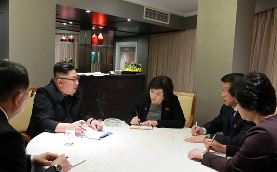 This photo from the Korean Central News Agency shows North Korean leader Kim Jong Un meeting with his advisers at a hotel in Hanoi, Vietnam, Tuesday, Feb. 26, 2019, on the eve of his two-day summit with President Donald Trump.
