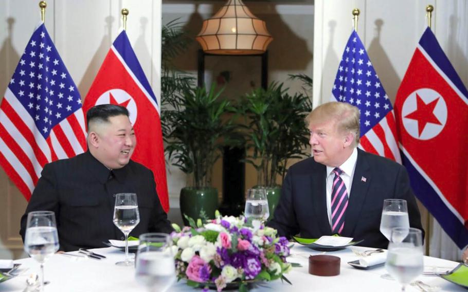 This photo from the Korean Central News Agency shows President Donald Trump and North Korean leader Kim Jong Un at dinner in Hanoi, Vietnam, Wednesday, Feb. 27, 2019.
