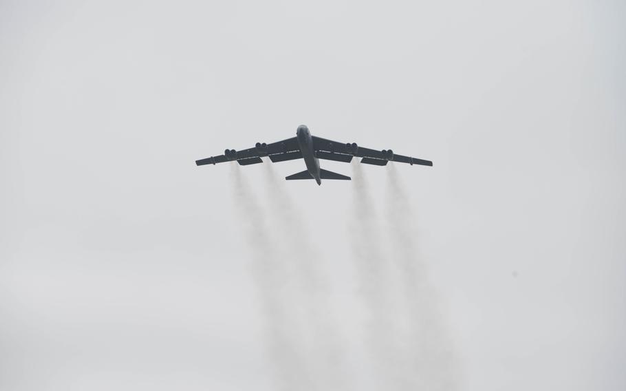 An Air Force B-52 Stratofortress deployed from Barksdale Air Force Base, La., takes off from RAF Fairford, England, March 21, 2019. 