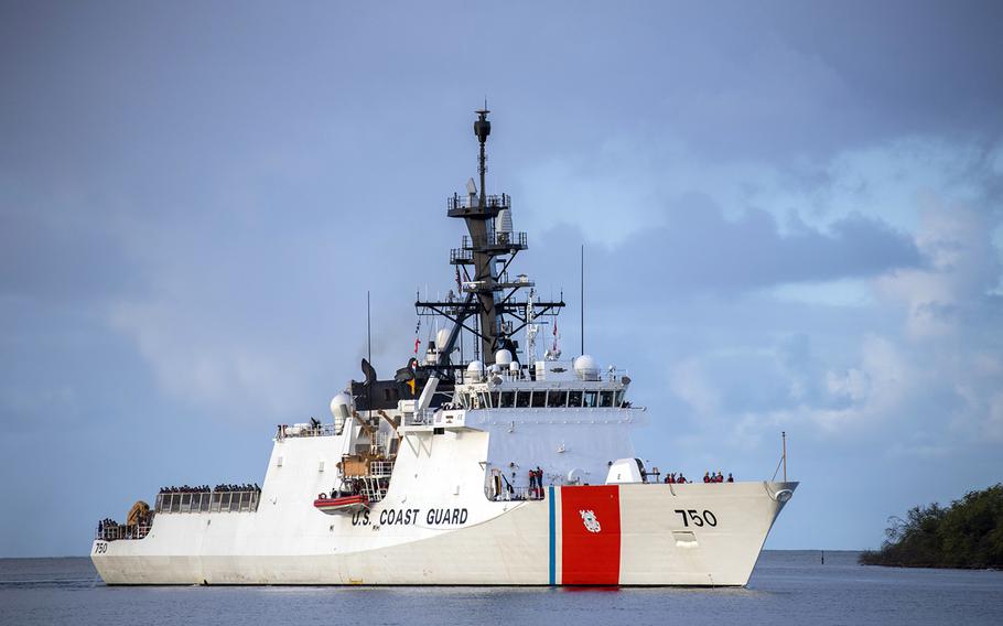 The Coast Guard Cutter Bertholf arrives at Joint Base Pearl Harbor-Hickam, Hawaii, on June 25, 2018.