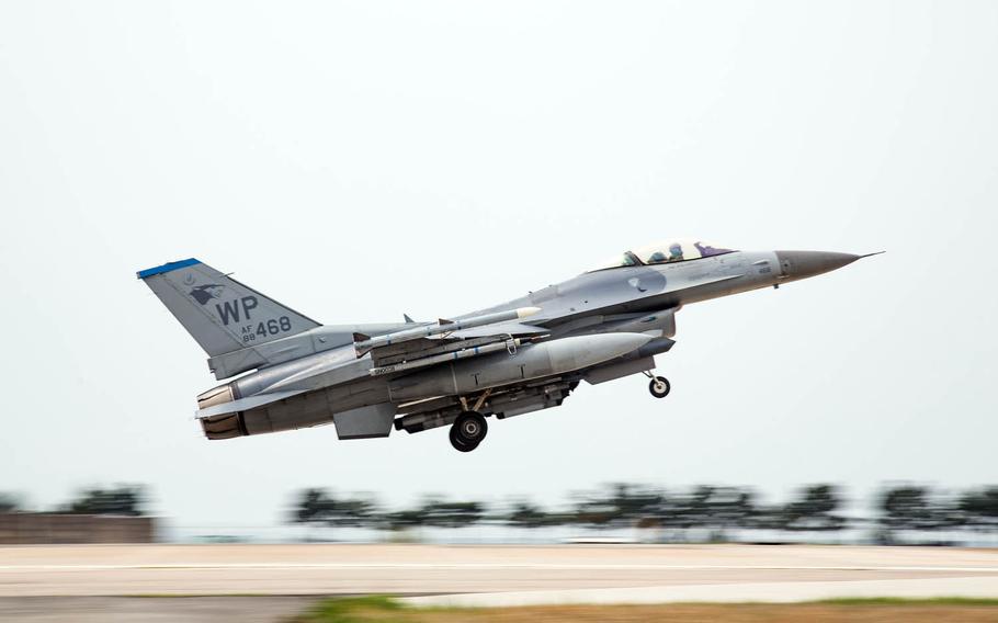 An Air Force F-16 takes off at Kunsan Air Base, South Korea, during Max Thunder 17, Tuesday, April 25, 2017. The U.S. and South Korea launched joint air force drills Monday, April 23, 2019, as an alternative to Max Thunder.
