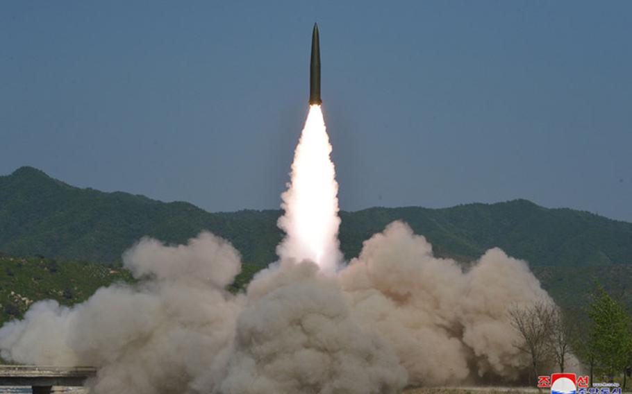 This undated photo released May 10, 2019, by the state-run Korean Central News Agency shows a purported North Korean missile launch. North Korea said Friday that a “long-range” strike drill ordered by leader Kim Jong Un the day before was successful.