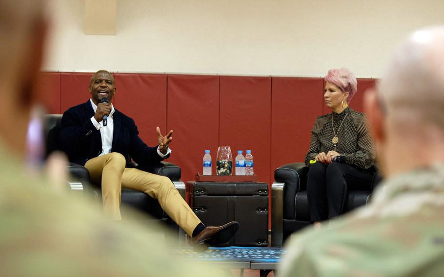 Terry and Rebecca King-Crews speak to servicemembers and families about sexual assault at Collier Community Fitness Center on Camp Humphreys, South Korea, May 30, 2019.