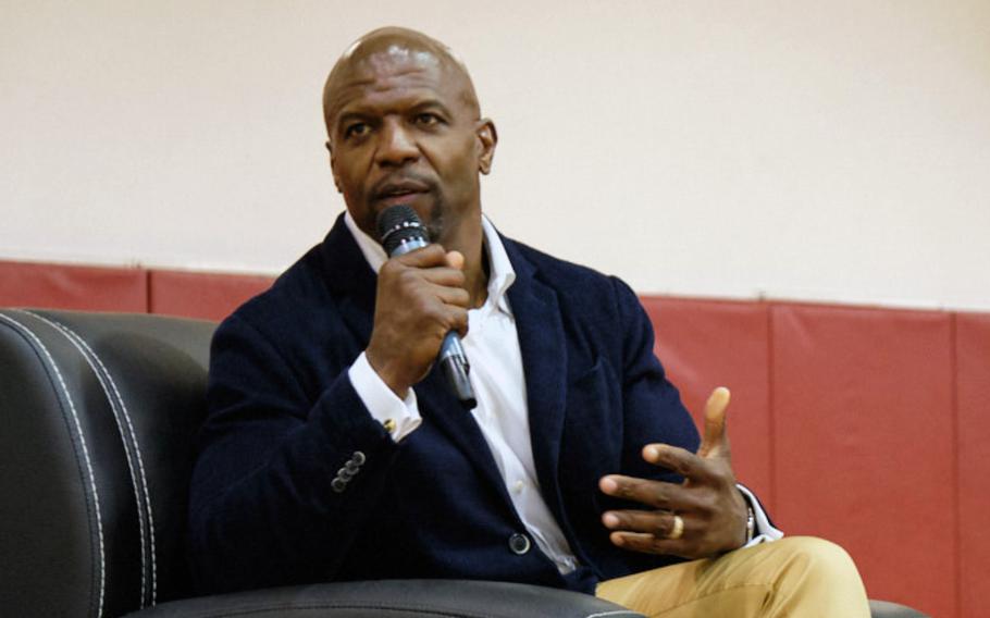 Actor Terry Crews speaks to troops in South Korea at Collier Community Fitness Center on Camp Humphreys, South Korea, May 30, 2019.
