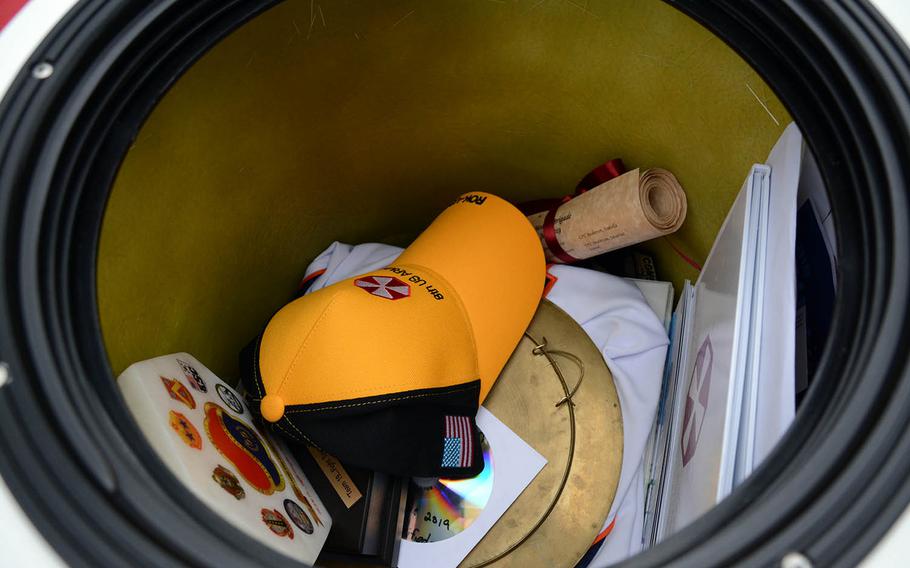 To commemorate its 75th anniversary, the Eighth Army sealed items inside a time capsule outside its headquarters on Camp Humphreys, South Korea, Monday, June 10, 2019.