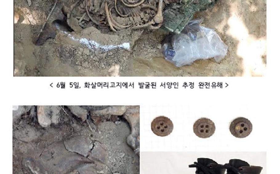 Top: Remains that may be from an American soldier are excavated from Arrowhead Hill, South Korea, June 5, 2019. Bottom: Buttons from a U.S. soldier's uniform and combat boots.