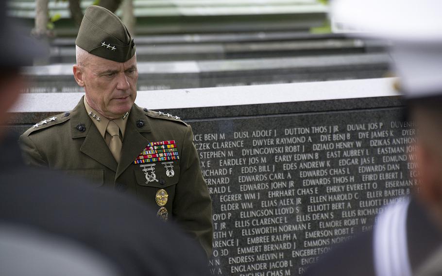 III Marine Expeditionary Force commander Lt. Gen. H. Stacy Clardy III speaks before laying wreaths at the Cornerstone of Peace monuments prior to the Irei no Hi ceremony at Okinawa Peace Memorial Park, Sunday, June 23, 2019. 