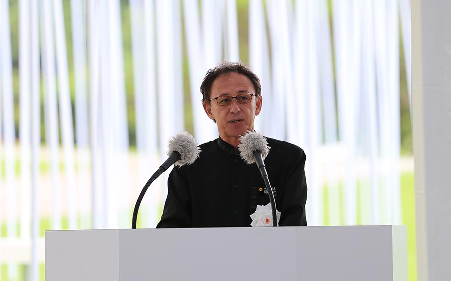 Okinawa Gov. Denny Tamaki speaks during the annual Irei no Hi ceremony at Okinawa Peace Memorial Park, Sunday, June 23, 2019. 