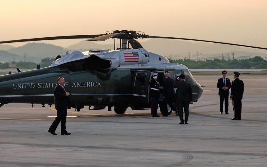 President Donald Trump boards Marine One on Osan Air Base, South Korea, Saturday, June 29, 2019.